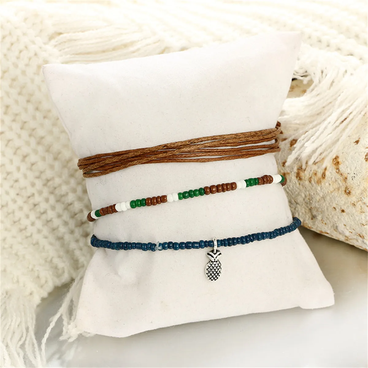 Brown & Silver-Plated Pineapple Adjustable Charm Anklet Set