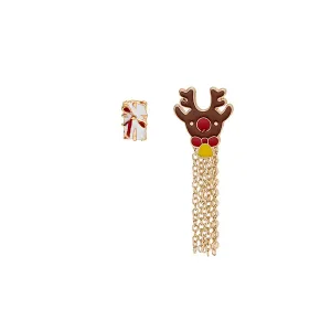 Brown Enamel & 18K Gold-Plated Gift Box Reindeer Tassel Brooch Set