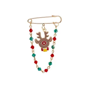 Brown Enamel & Acrylic 18K Gold-Plated Reindeer Chain Pin Brooch
