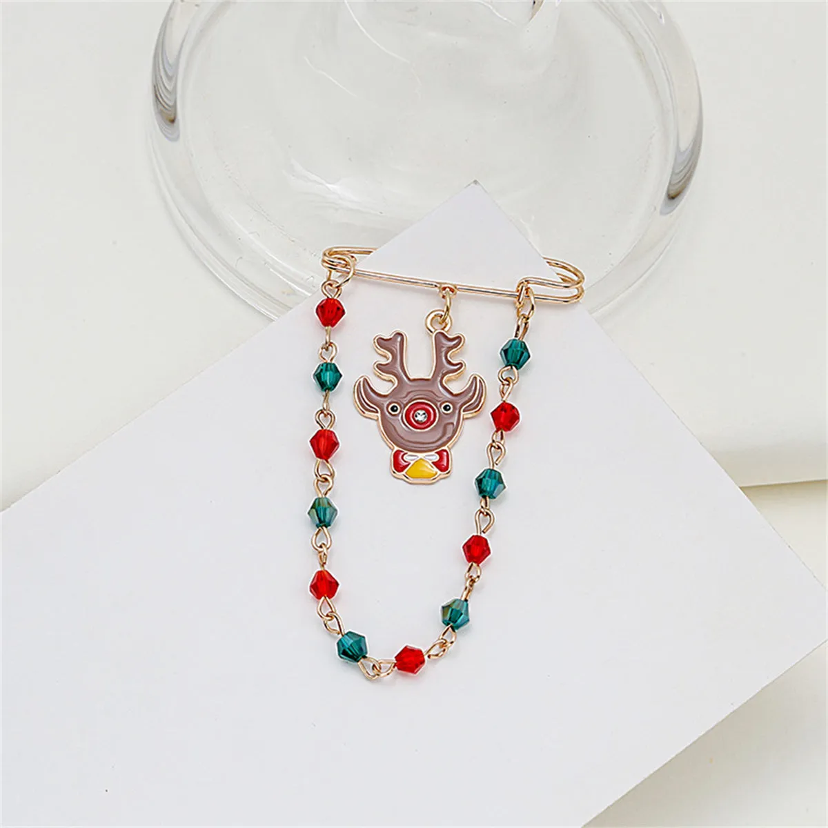 Brown Enamel & Acrylic 18K Gold-Plated Reindeer Chain Pin Brooch