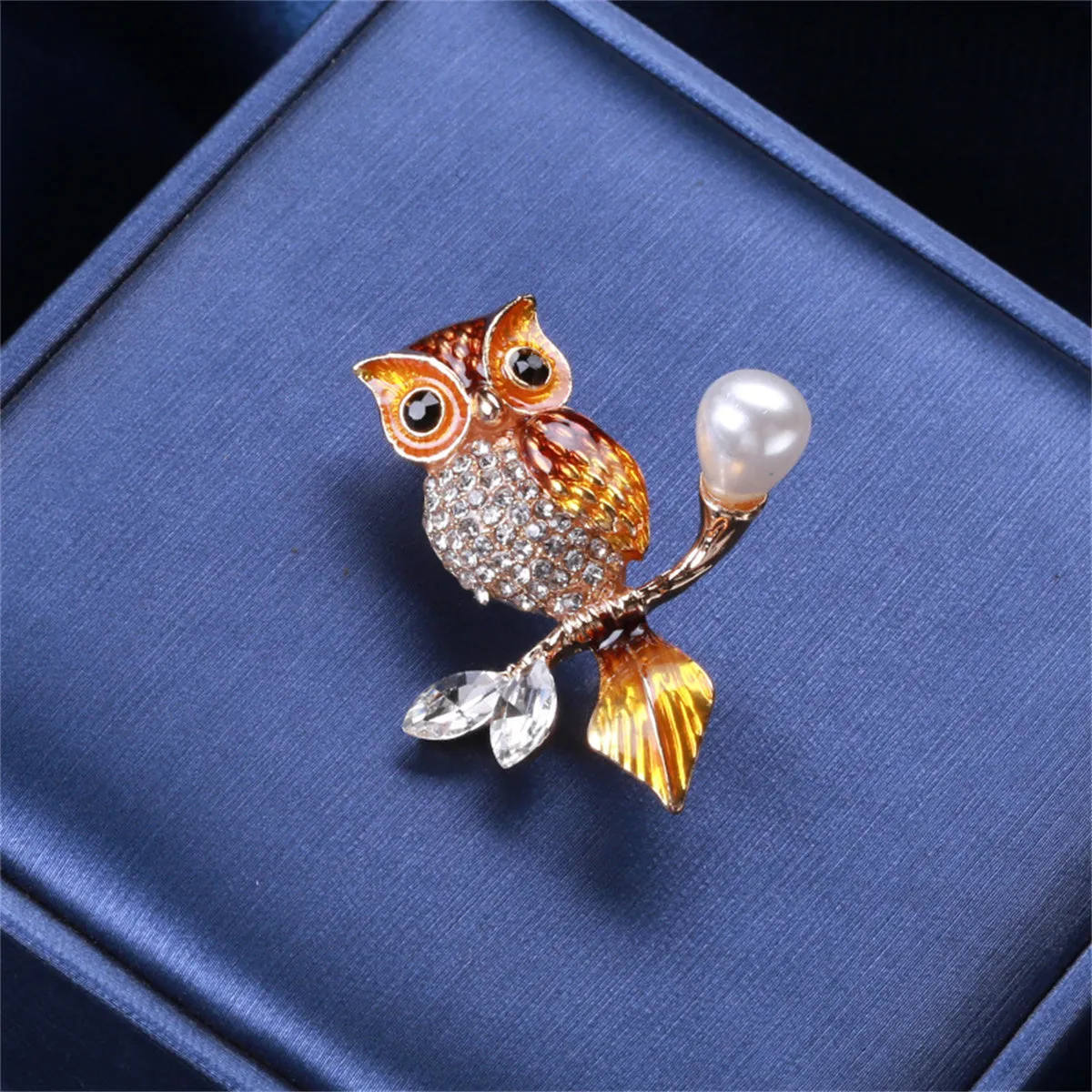 Brown Enamel & Crystal Cubic Zirconia 18K Gold-Plated Owl Brooch
