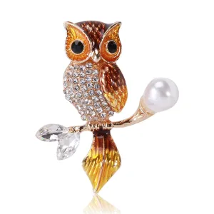 Brown Enamel & Crystal Cubic Zirconia 18K Gold-Plated Owl Brooch