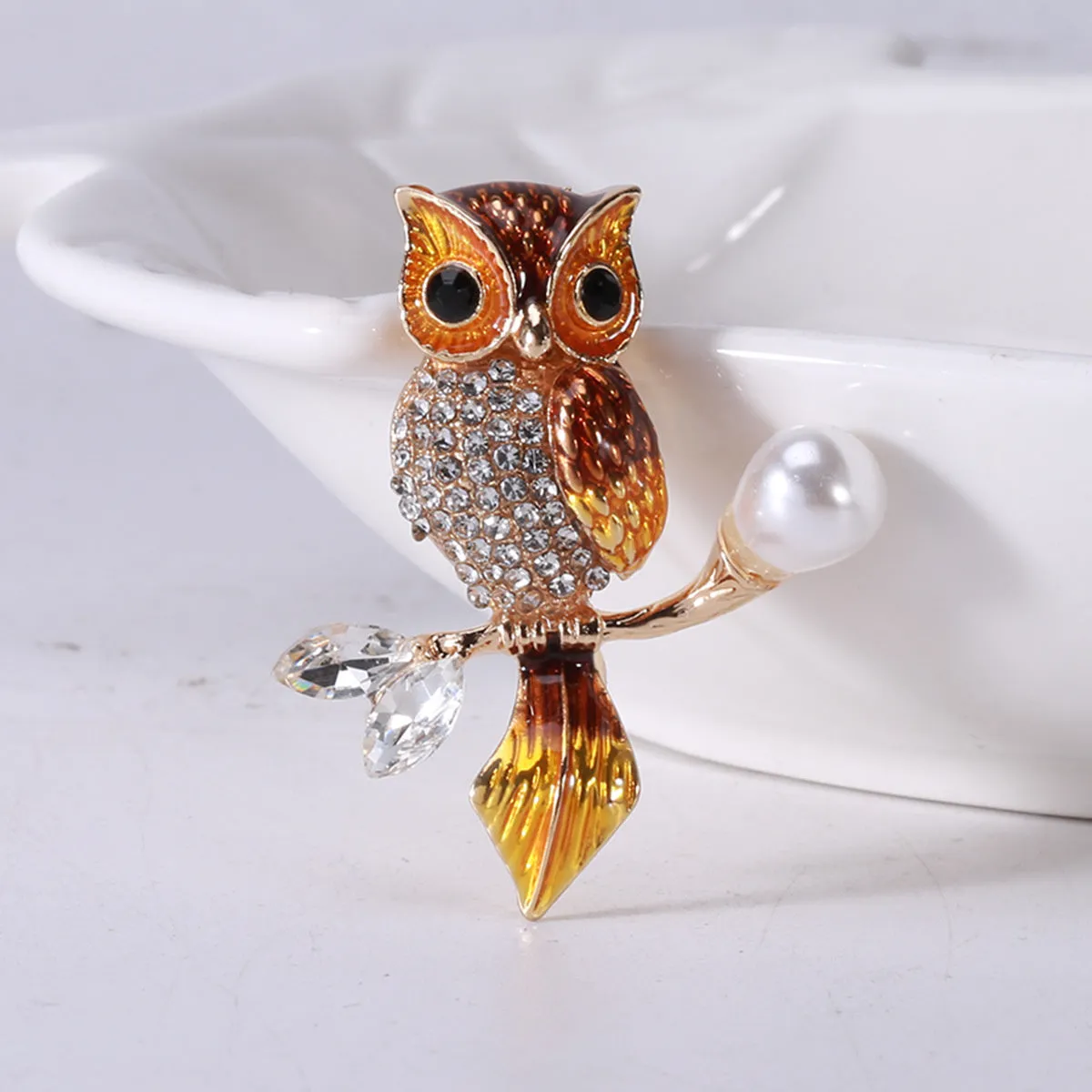 Brown Enamel & Crystal Cubic Zirconia 18K Gold-Plated Owl Brooch