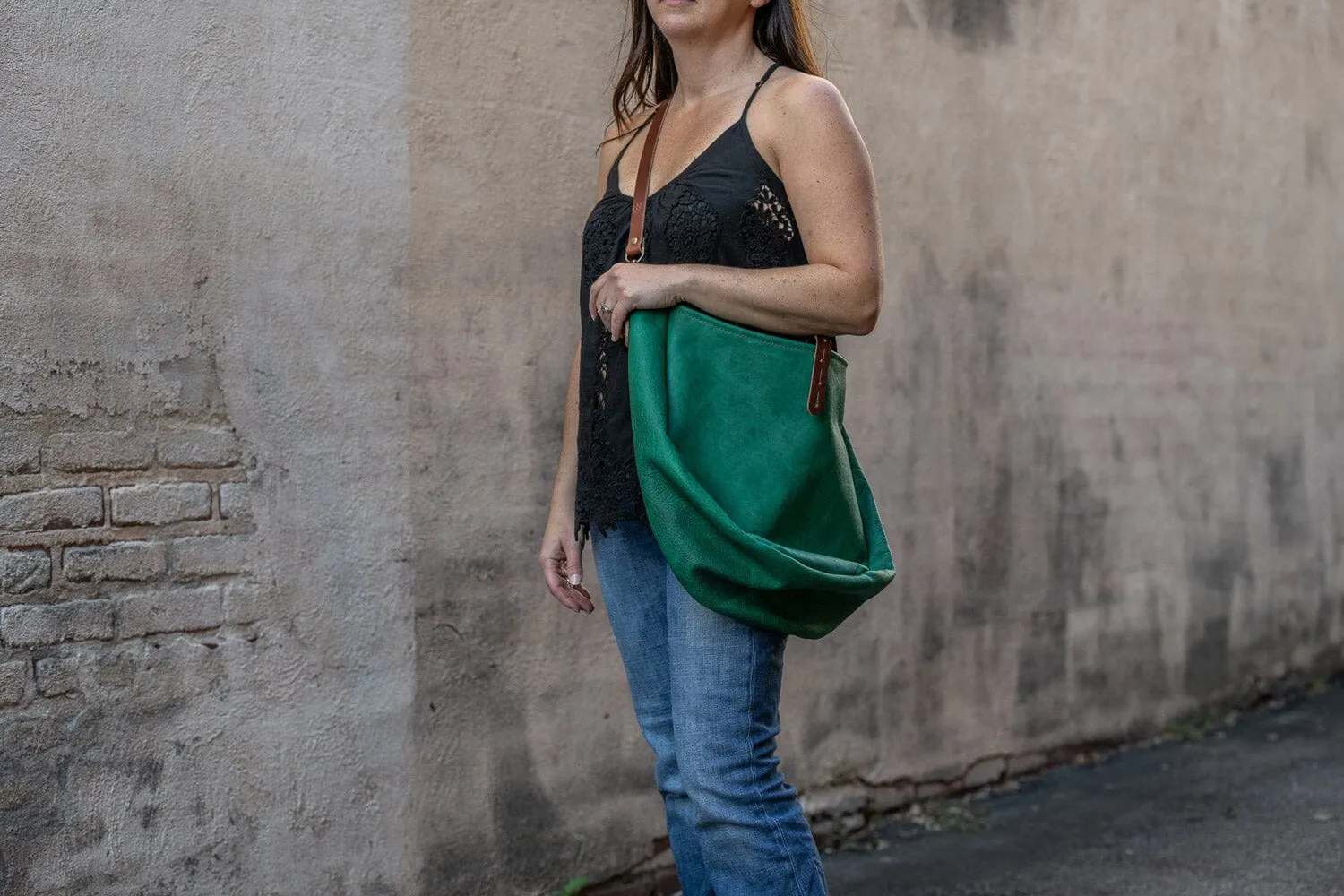 CELESTE LEATHER HOBO BAG - LARGE - PINE GREEN BISON