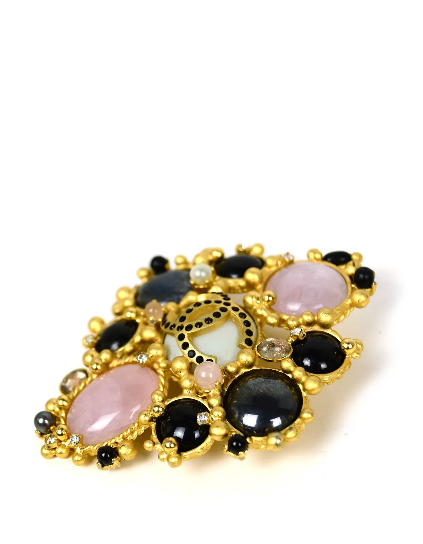Chanel 2001 Black & Pink Stone CC Brooch w/ Faux Pearls & Crystals