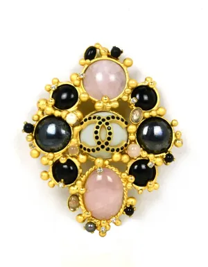 Chanel 2001 Black & Pink Stone CC Brooch w/ Faux Pearls & Crystals