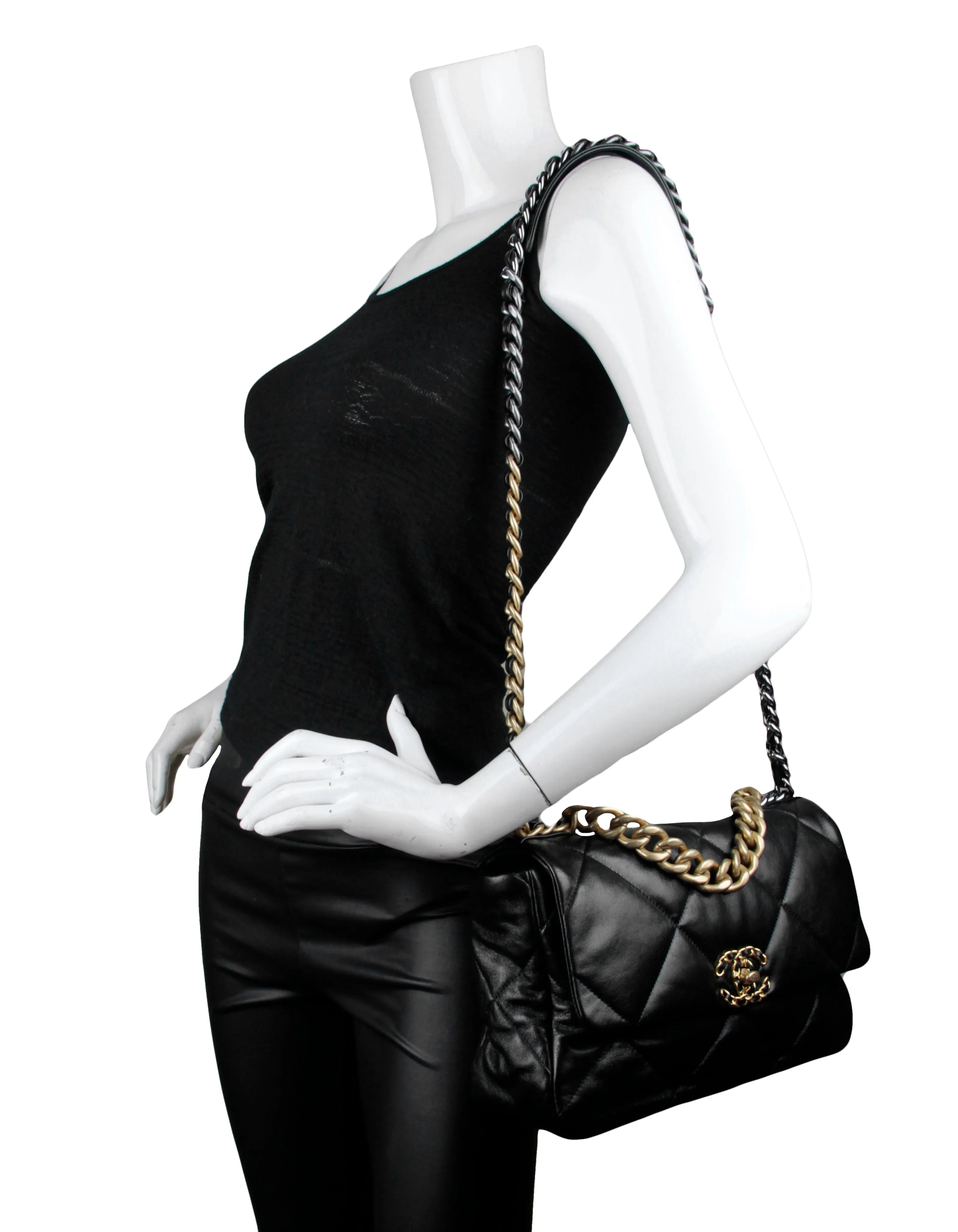 Chanel Black Lambskin Leather Quilted Large 19 Bag