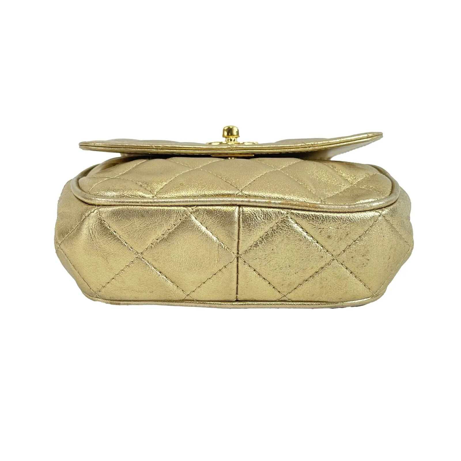 CHANEL - Mini Flap Bag Vintage Chain Metallic Gold CC Leather Quilted Crossbody