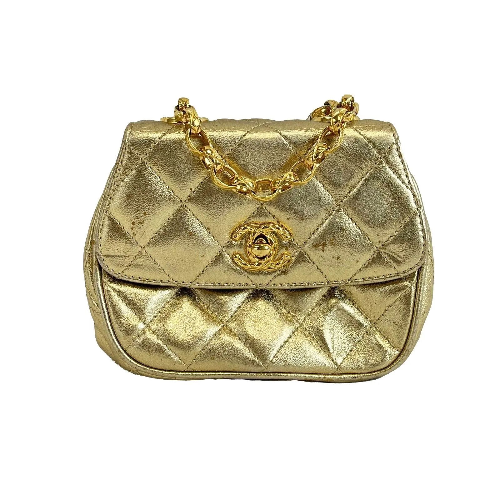 CHANEL - Mini Flap Bag Vintage Chain Metallic Gold CC Leather Quilted Crossbody