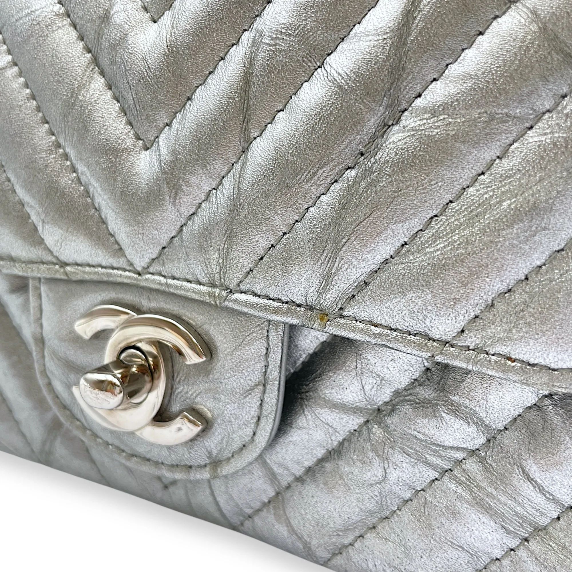 Chevron Mini Square Mini Silver Crossbody Bag in Patent Leather, Silver hardware