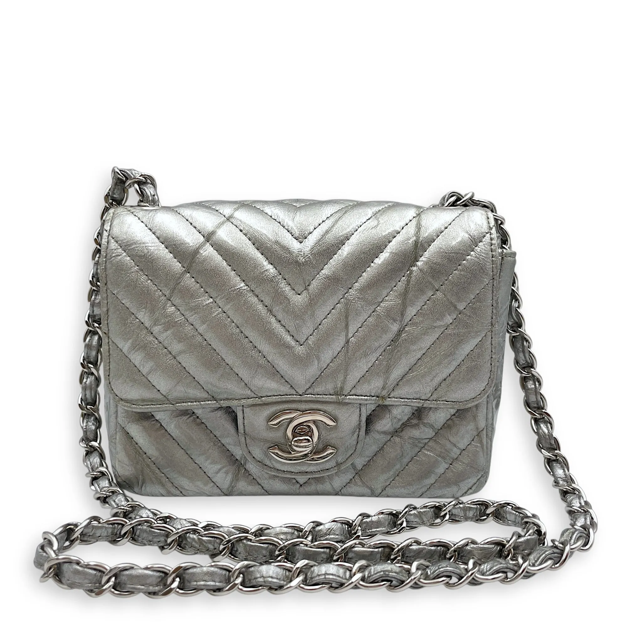 Chevron Mini Square Mini Silver Crossbody Bag in Patent Leather, Silver hardware