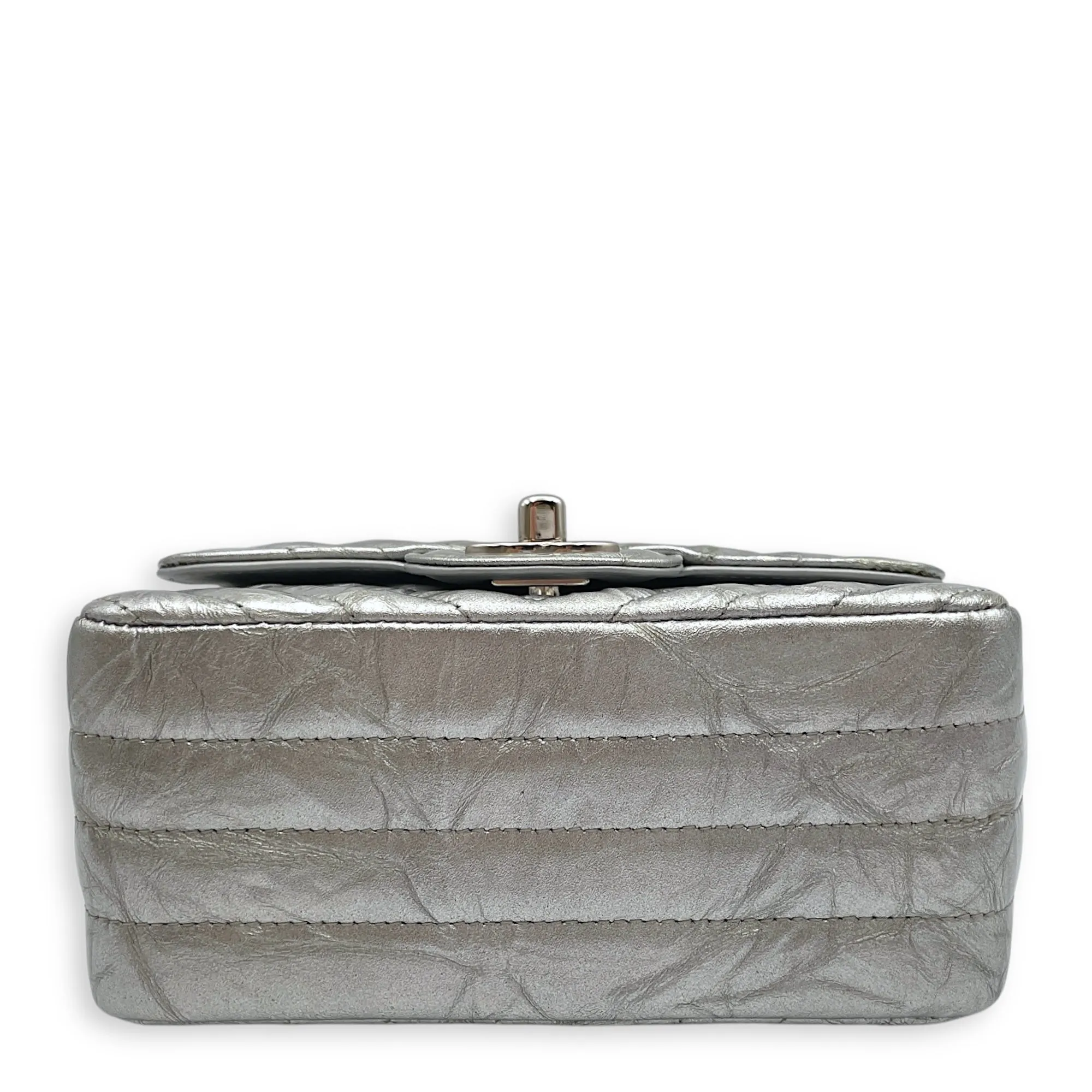 Chevron Mini Square Mini Silver Crossbody Bag in Patent Leather, Silver hardware