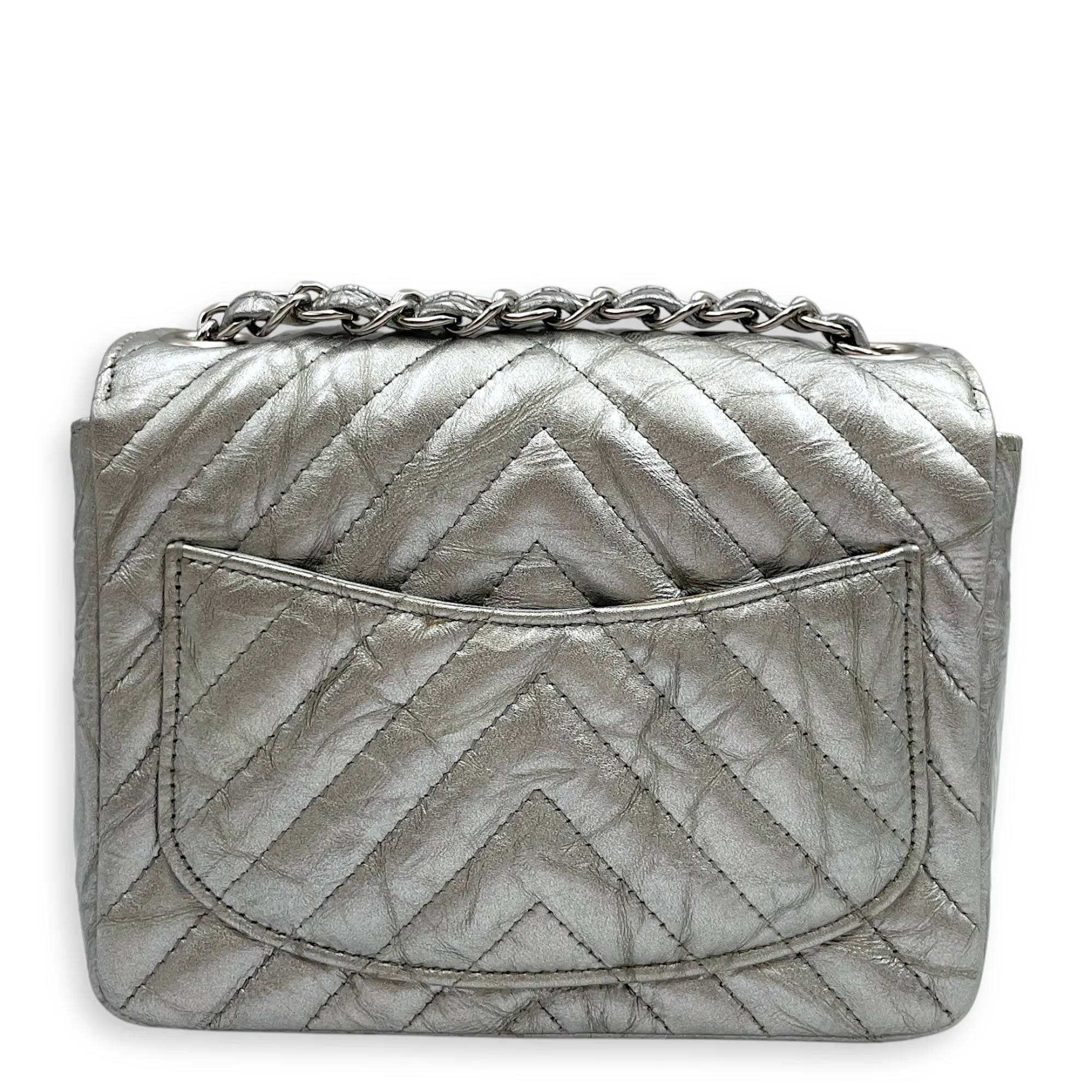 Chevron Mini Square Mini Silver Crossbody Bag in Patent Leather, Silver hardware