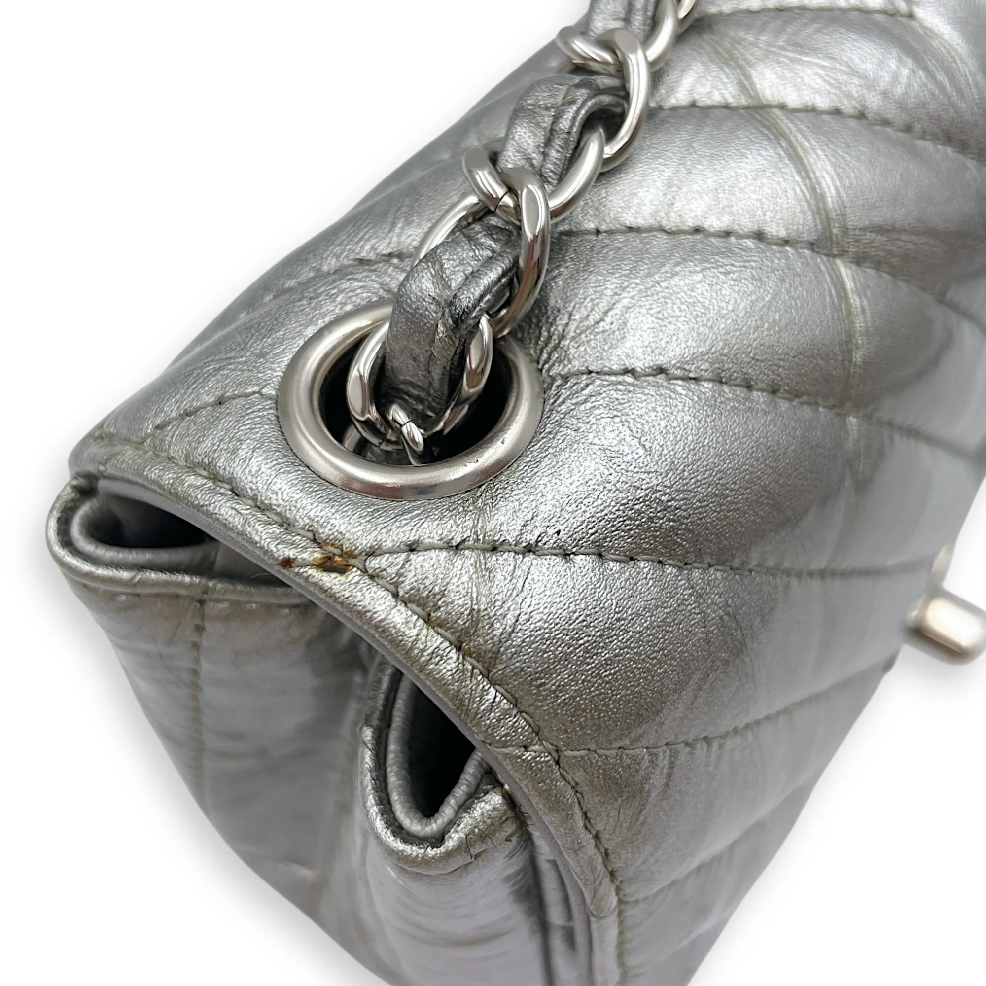 Chevron Mini Square Mini Silver Crossbody Bag in Patent Leather, Silver hardware