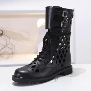Chic hollowing out style Ankle Boots Women genuine leather runway shoes femme comfy flat heel Chelsea boots cross lace up mujer