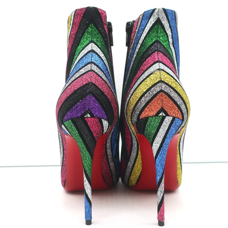 Christian Louboutin So Kate 100 Ankle Boots Multi Striped Glitter Size 37 NEW