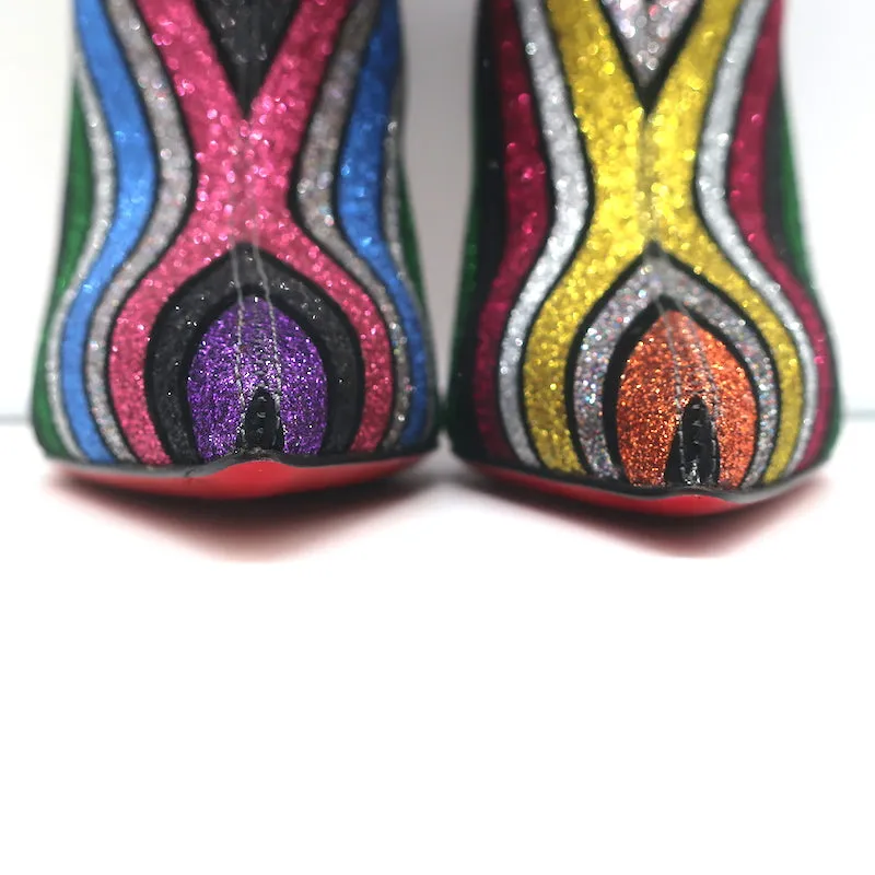 Christian Louboutin So Kate 100 Ankle Boots Multi Striped Glitter Size 37 NEW