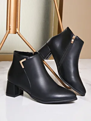 Chunky Heel Side Zip Ankle Boots - Black