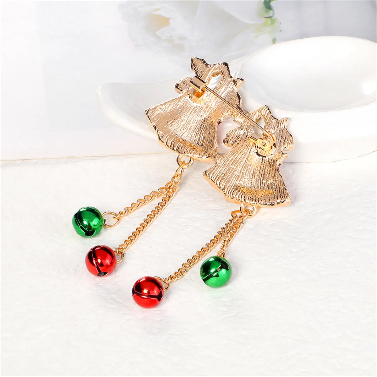 Clear Cubic Zirconia & Red Enamel Bells Brooch
