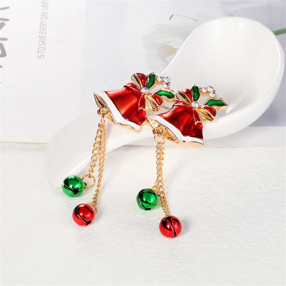 Clear Cubic Zirconia & Red Enamel Bells Brooch