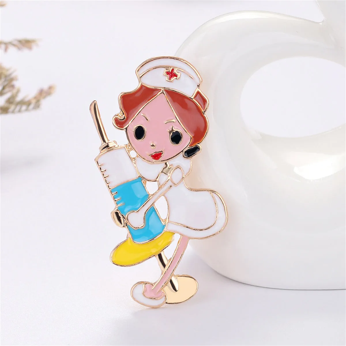 Colored Enamel & 18K Gold-Plated Nurse Injector Brooch