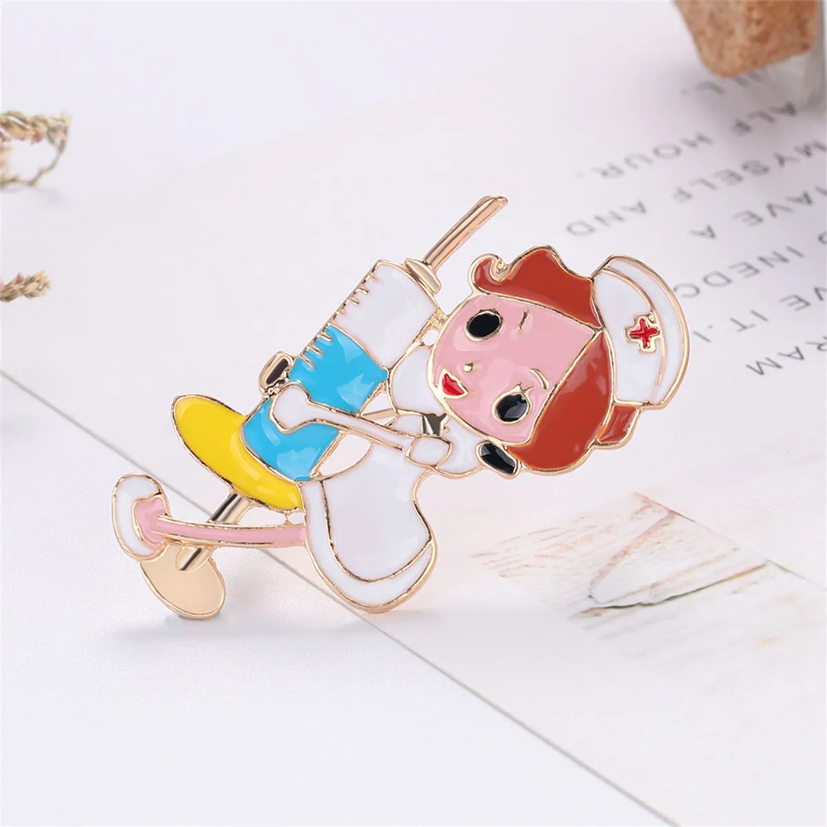 Colored Enamel & 18K Gold-Plated Nurse Injector Brooch