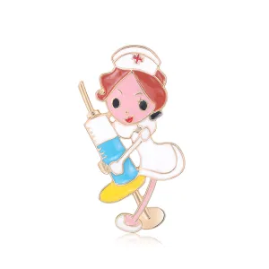 Colored Enamel & 18K Gold-Plated Nurse Injector Brooch