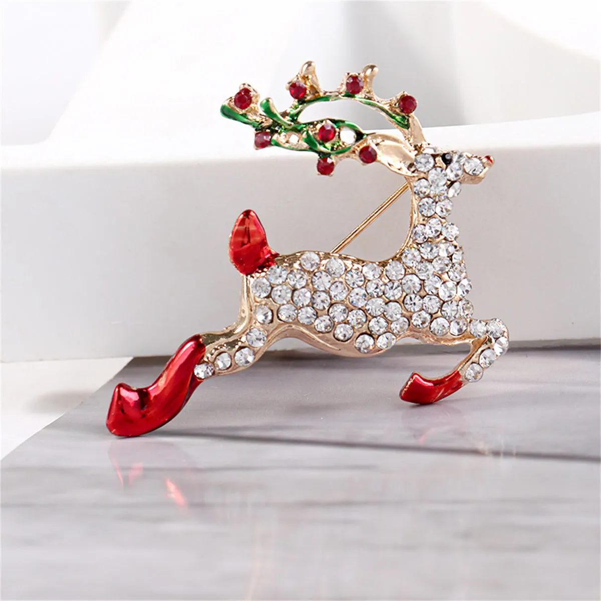 Colored Enamel & Cubic Zirconia 18K Gold-Plated Reindeer Brooch