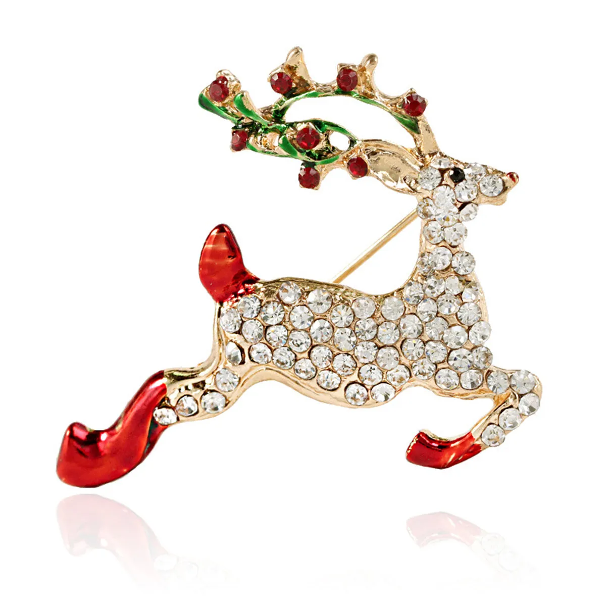 Colored Enamel & Cubic Zirconia 18K Gold-Plated Reindeer Brooch
