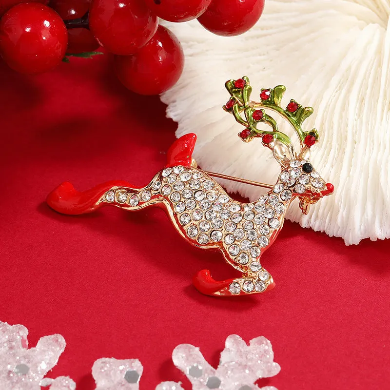 Colored Enamel & Cubic Zirconia 18K Gold-Plated Reindeer Brooch