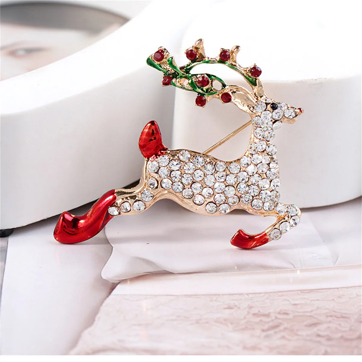 Colored Enamel & Cubic Zirconia 18K Gold-Plated Reindeer Brooch