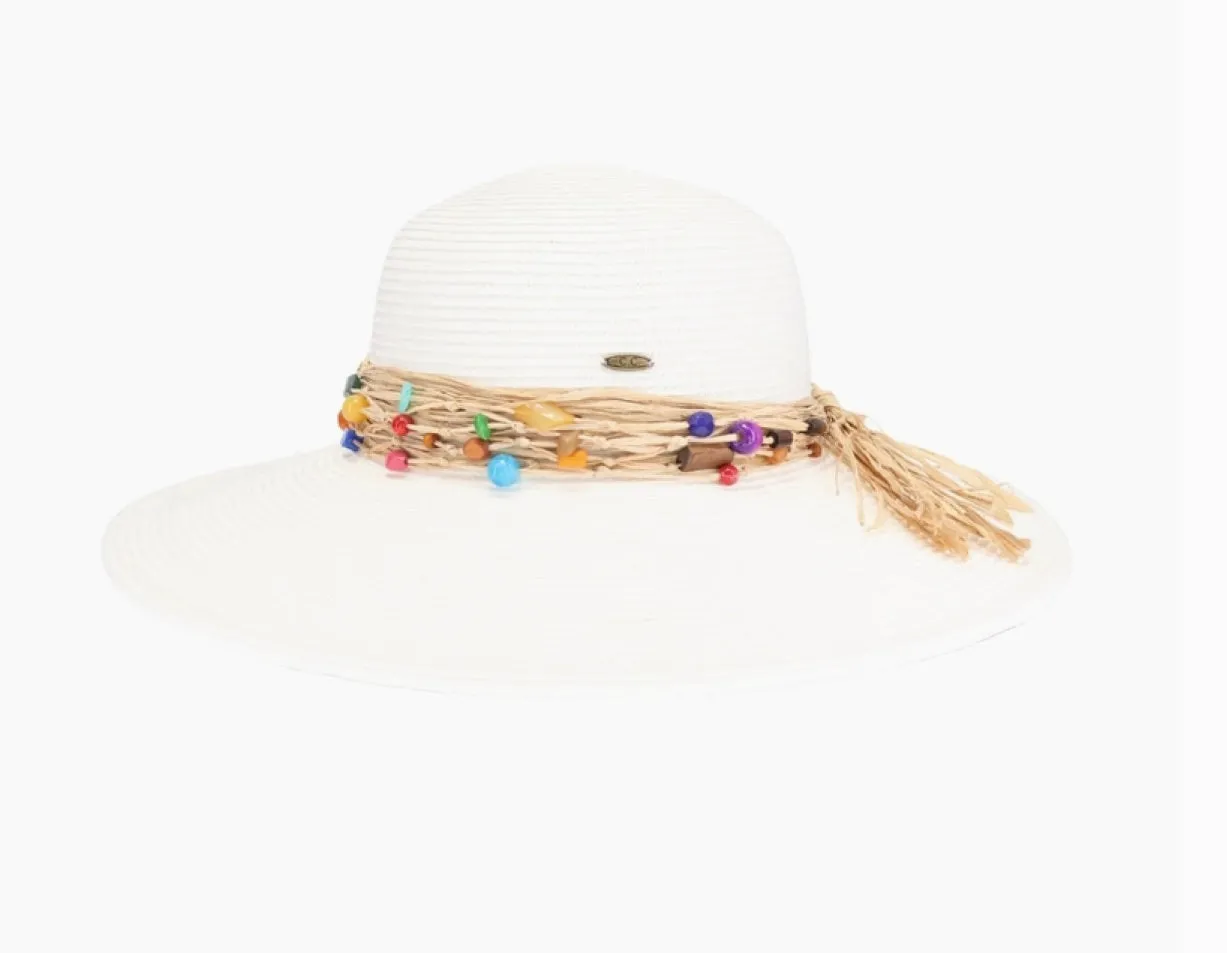 Colorful Bead Trim Wide Brim C.C Sun Hat-White