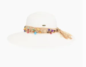 Colorful Bead Trim Wide Brim C.C Sun Hat-White