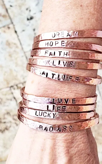 Copper  Handmade Boho Bracelet Cuff Hammered And Stamped Words and Symbols