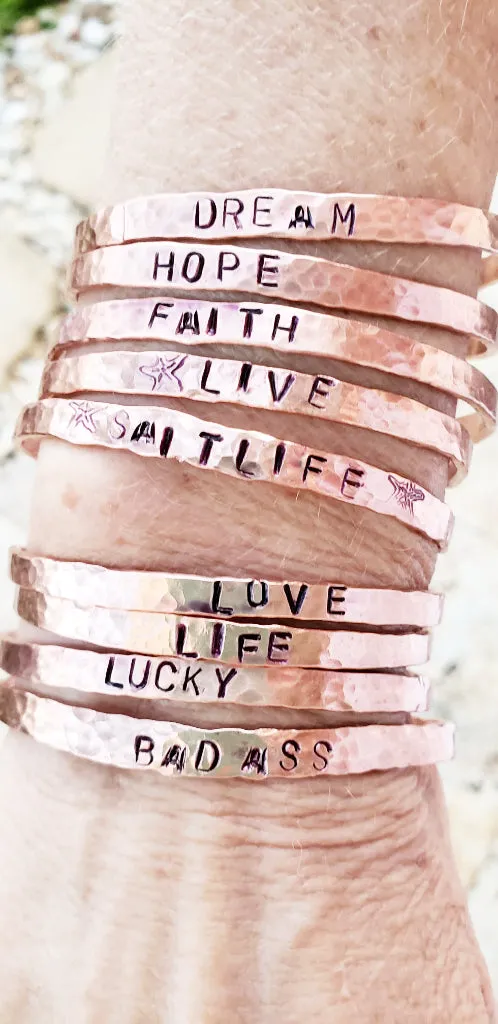 Copper  Handmade Boho Bracelet Cuff Hammered And Stamped Words and Symbols