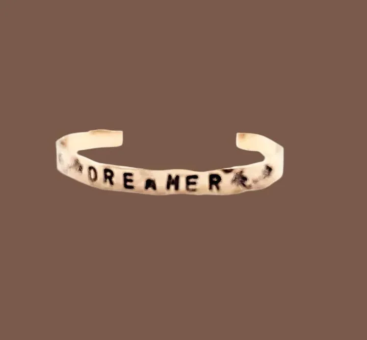 Copper  Handmade Boho Bracelet Cuff Hammered And Stamped Words and Symbols