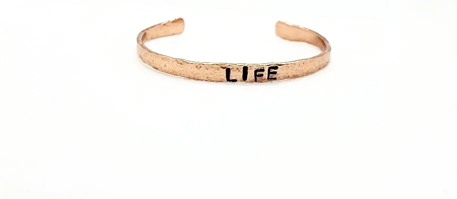 Copper  Handmade Boho Bracelet Cuff Hammered And Stamped Words and Symbols