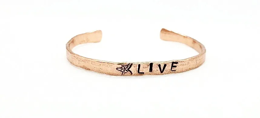 Copper  Handmade Boho Bracelet Cuff Hammered And Stamped Words and Symbols