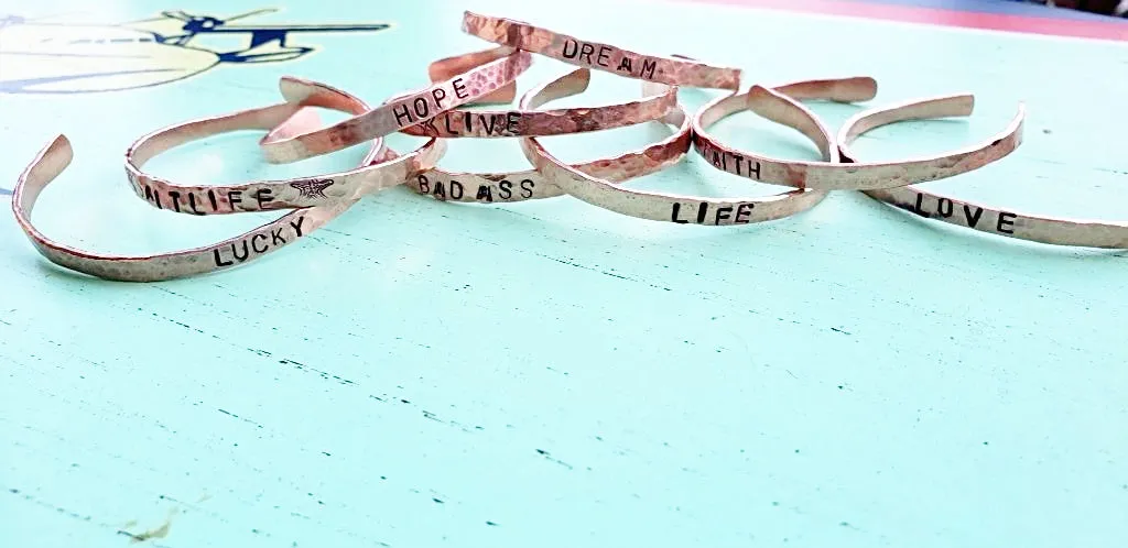 Copper  Handmade Boho Bracelet Cuff Hammered And Stamped Words and Symbols