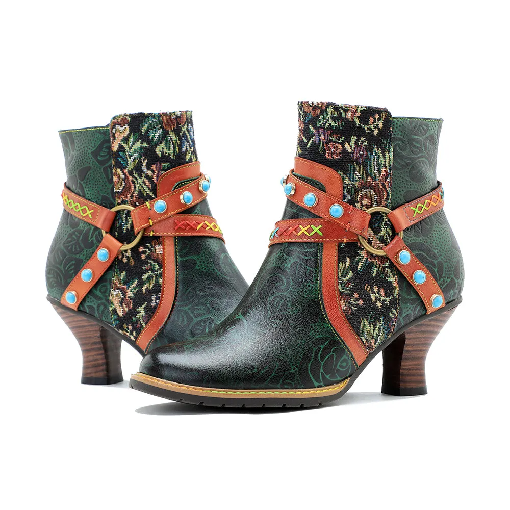 CrazycatZ Womens Leather Ankle Boots Bohemian Block Heel Colorful Floral Leather Boots Dark Green