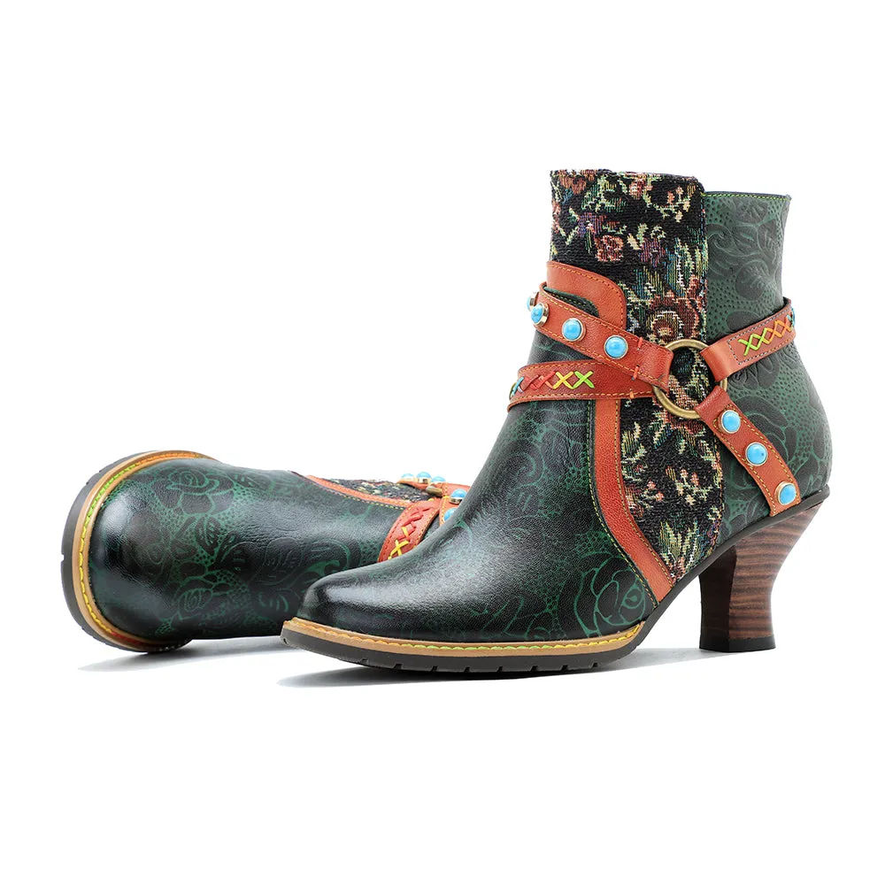 CrazycatZ Womens Leather Ankle Boots Bohemian Block Heel Colorful Floral Leather Boots Dark Green