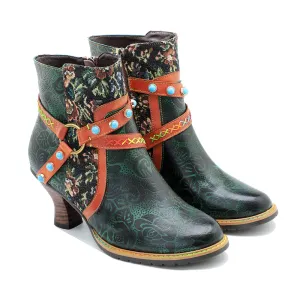 CrazycatZ Womens Leather Ankle Boots Bohemian Block Heel Colorful Floral Leather Boots Dark Green