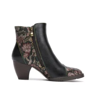 CrazycatZ Womens Leather Ankle  Boots Colorful Leather Buttoned Vintage Boots Block Heels Black Floral