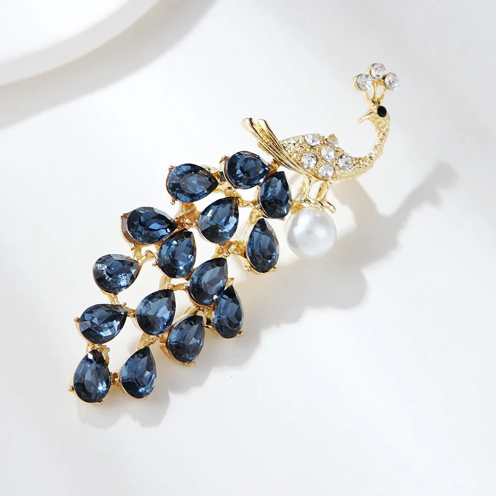Crystal Rhinestone Faux Pearl Peacock Brooch Pin PA5399