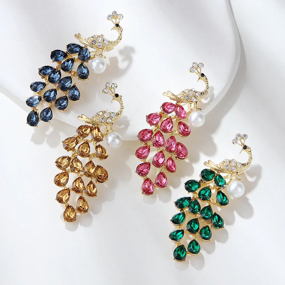 Crystal Rhinestone Faux Pearl Peacock Brooch Pin PA5399