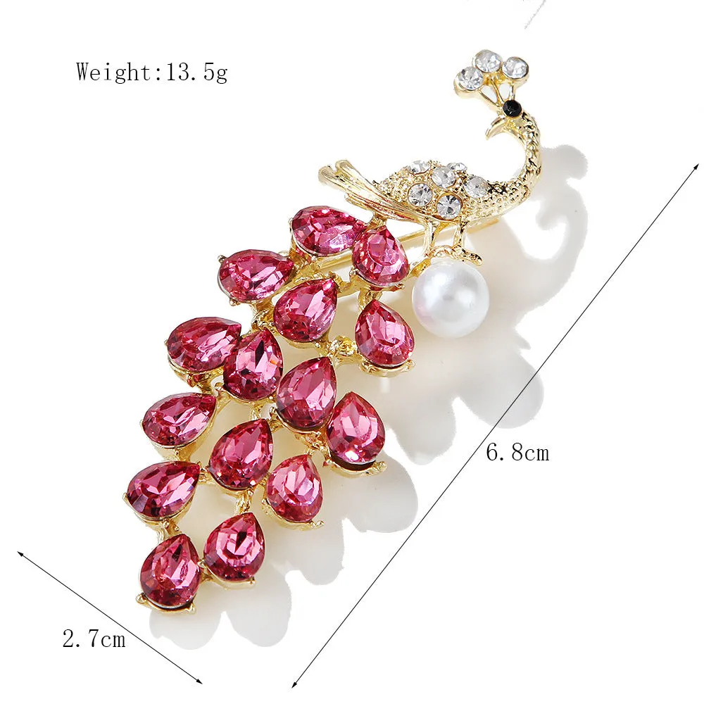 Crystal Rhinestone Faux Pearl Peacock Brooch Pin PA5399
