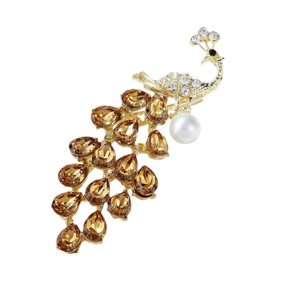 Crystal Rhinestone Faux Pearl Peacock Brooch Pin PA5399
