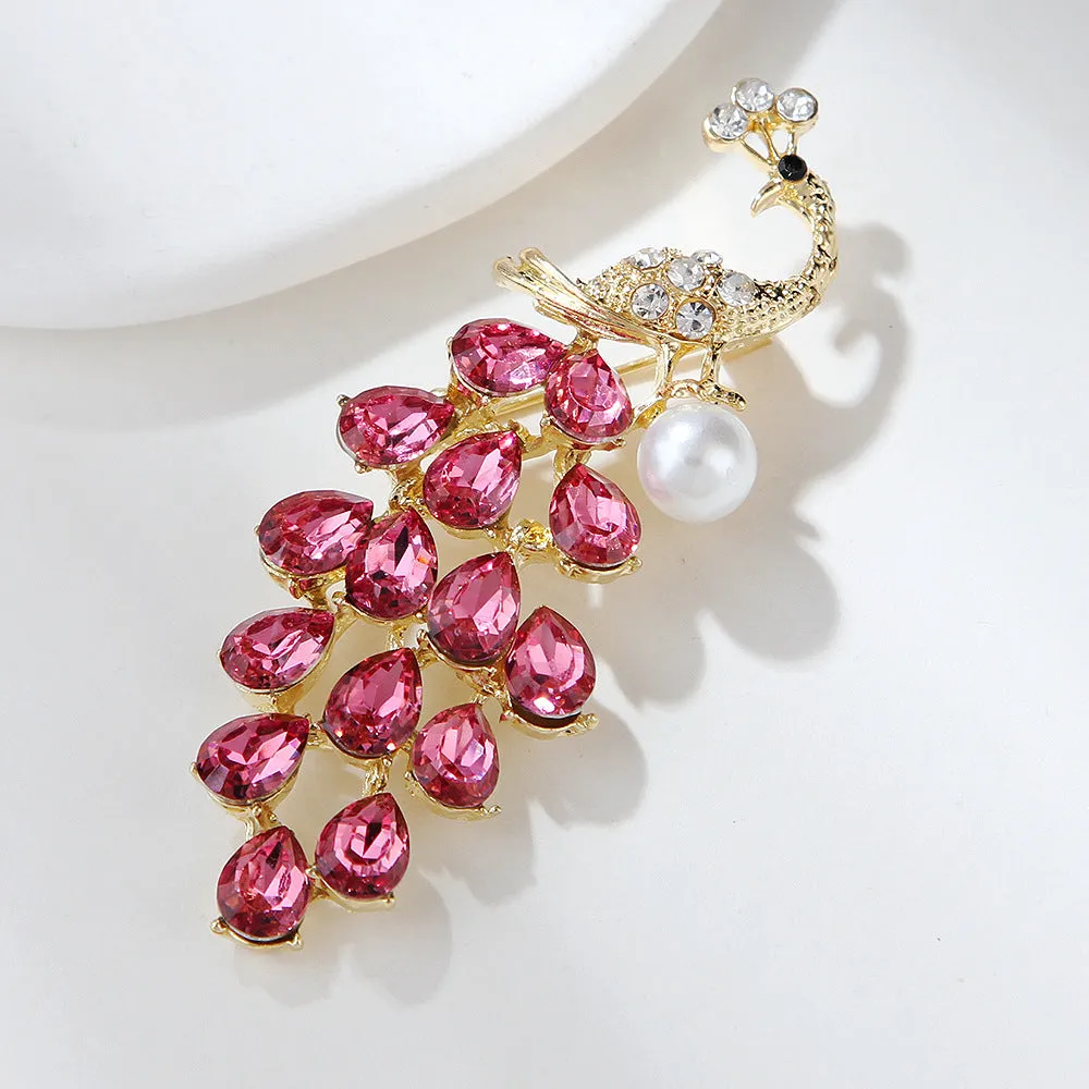 Crystal Rhinestone Faux Pearl Peacock Brooch Pin PA5399