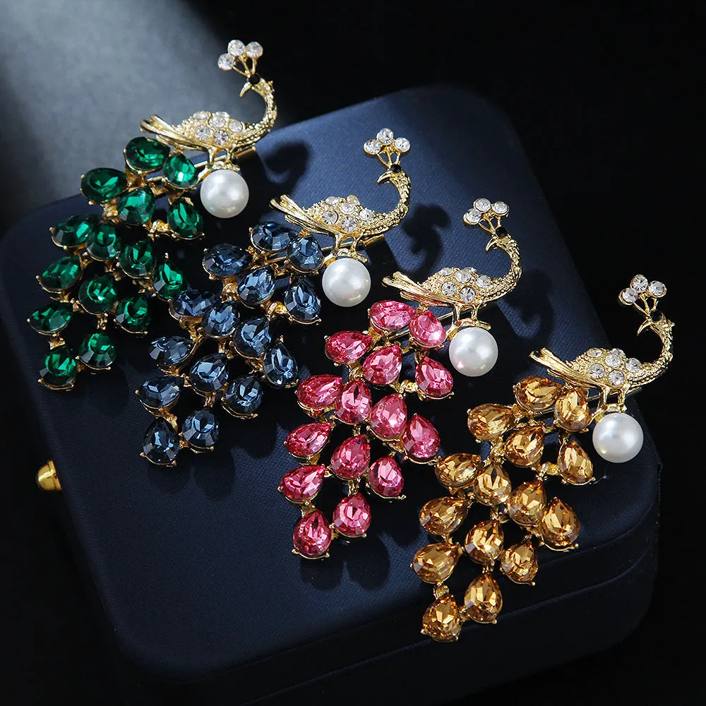 Crystal Rhinestone Faux Pearl Peacock Brooch Pin PA5399