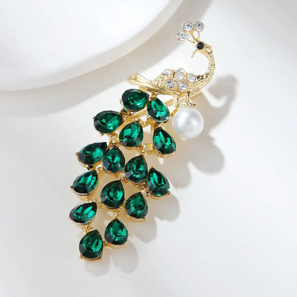 Crystal Rhinestone Faux Pearl Peacock Brooch Pin PA5399